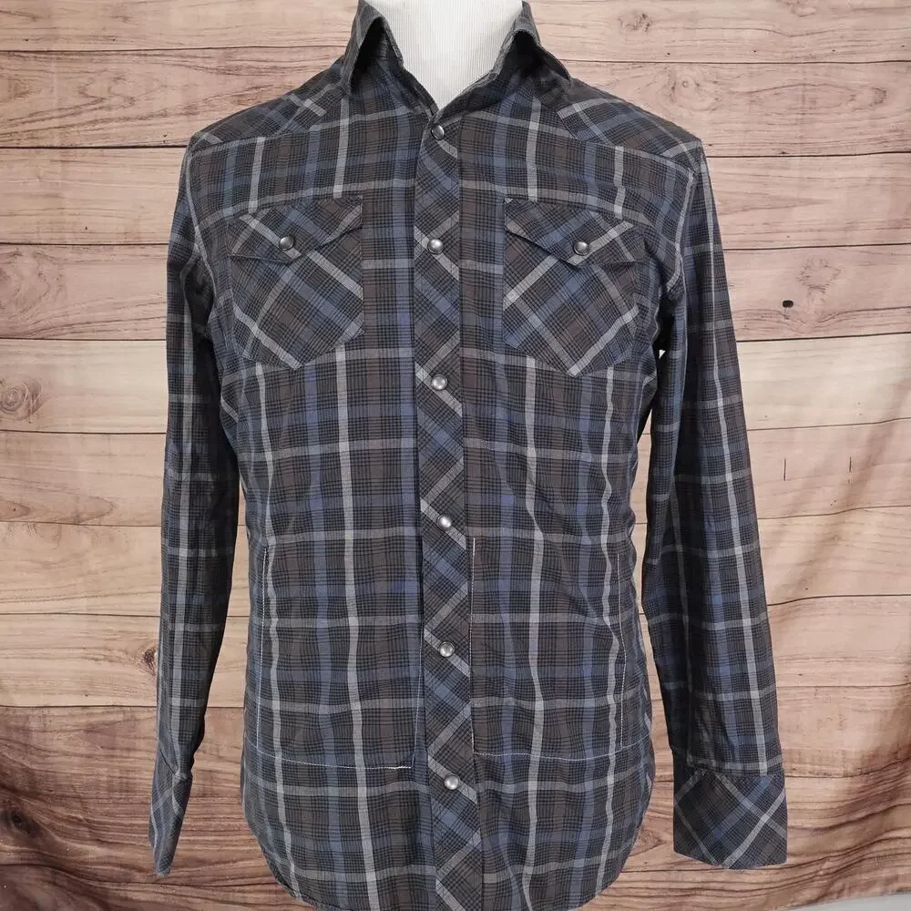 Banana Republic Shirt Mens Medium Blue Gray Plaid Western Pearl Snap Long Sleeve